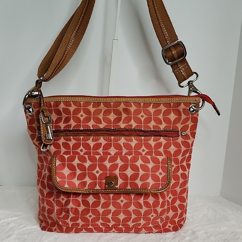 Fossil Orange Patterned Crossbody Bag with Tan Straps